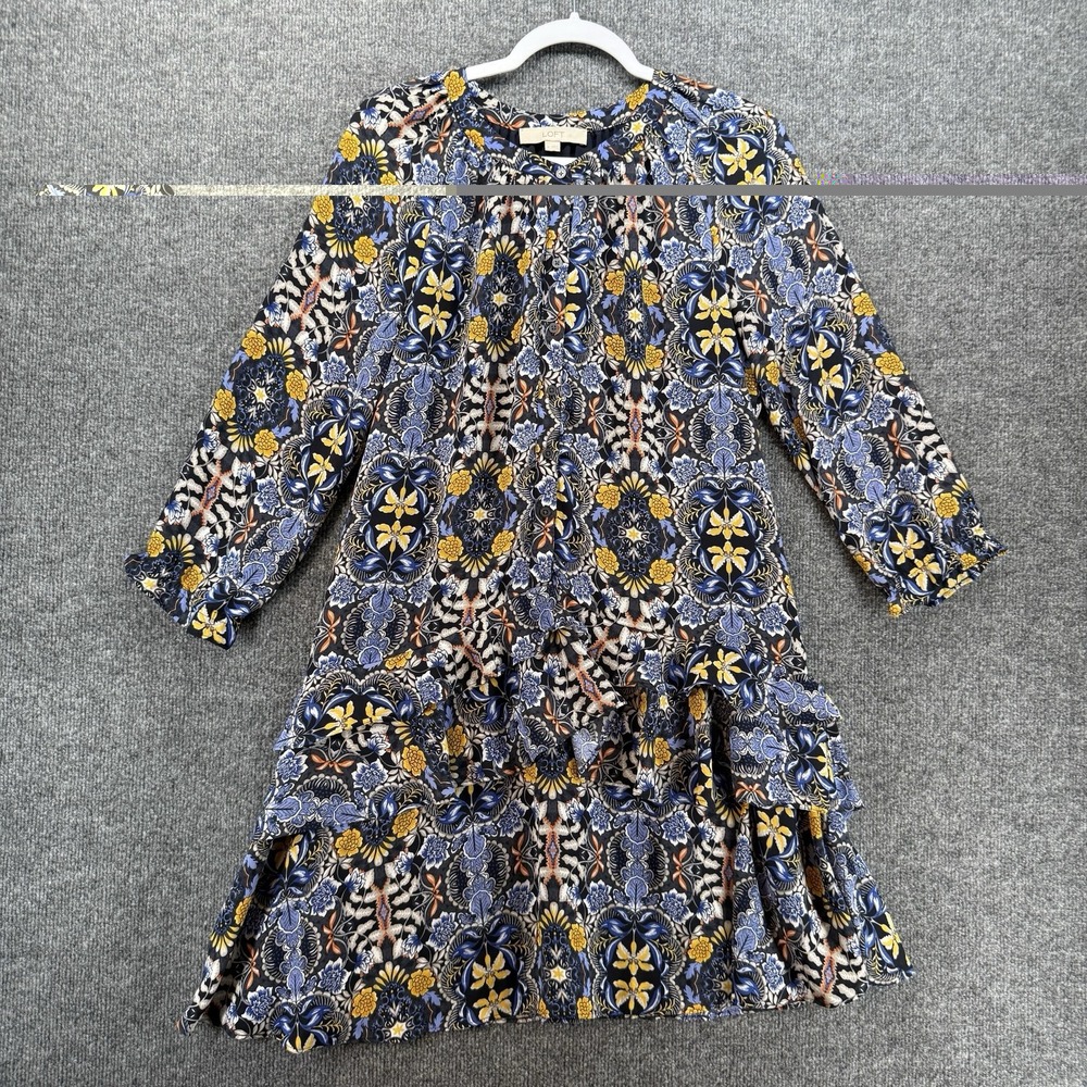 LOFT Dress Womens M Blue Floral Button Up Ruffle Boho Cottage Western Prairie